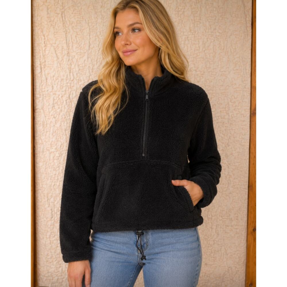 No Boundaries Women's Black‎ Sherpa Quarter Zip Classic Pullover Fleece
